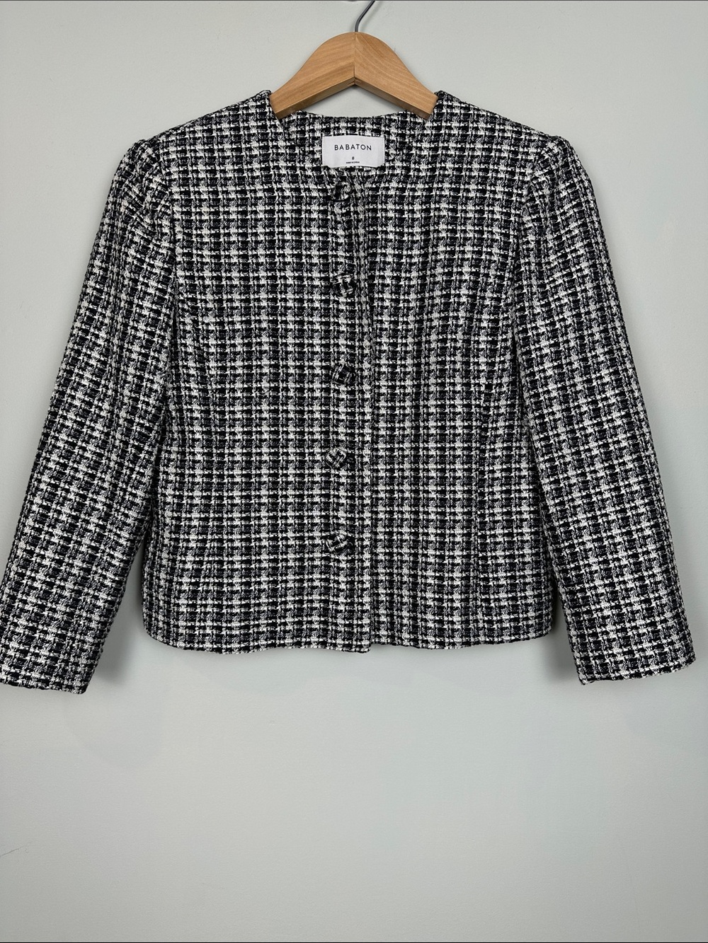 84. Babaton tweed rayon poly blazer black white